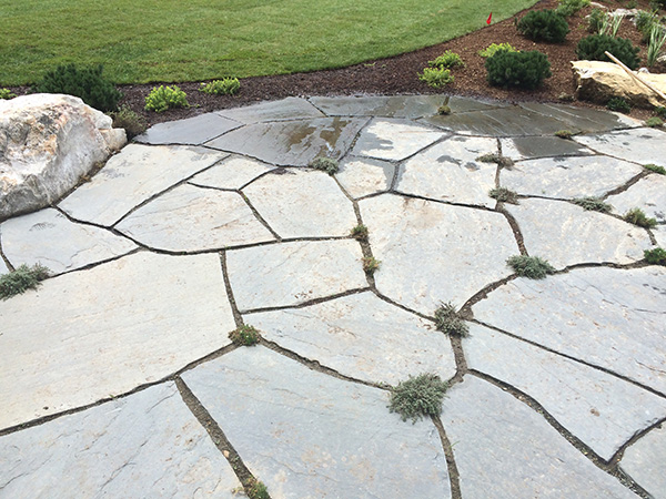 Bluestone patio leading to a new lawn by Stone Blossom