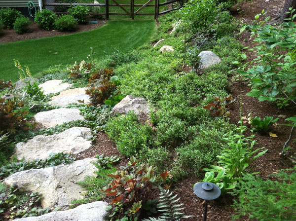 Rustic garden path in this back yard landscape design by Stone Blossom