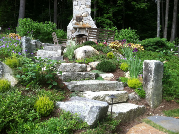 Stone steps garden and outdoor fireplace in Hopkinton NH