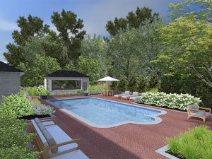 Swimming pool design with brick pavers laid in a herringbone pattern by Stone Blossom